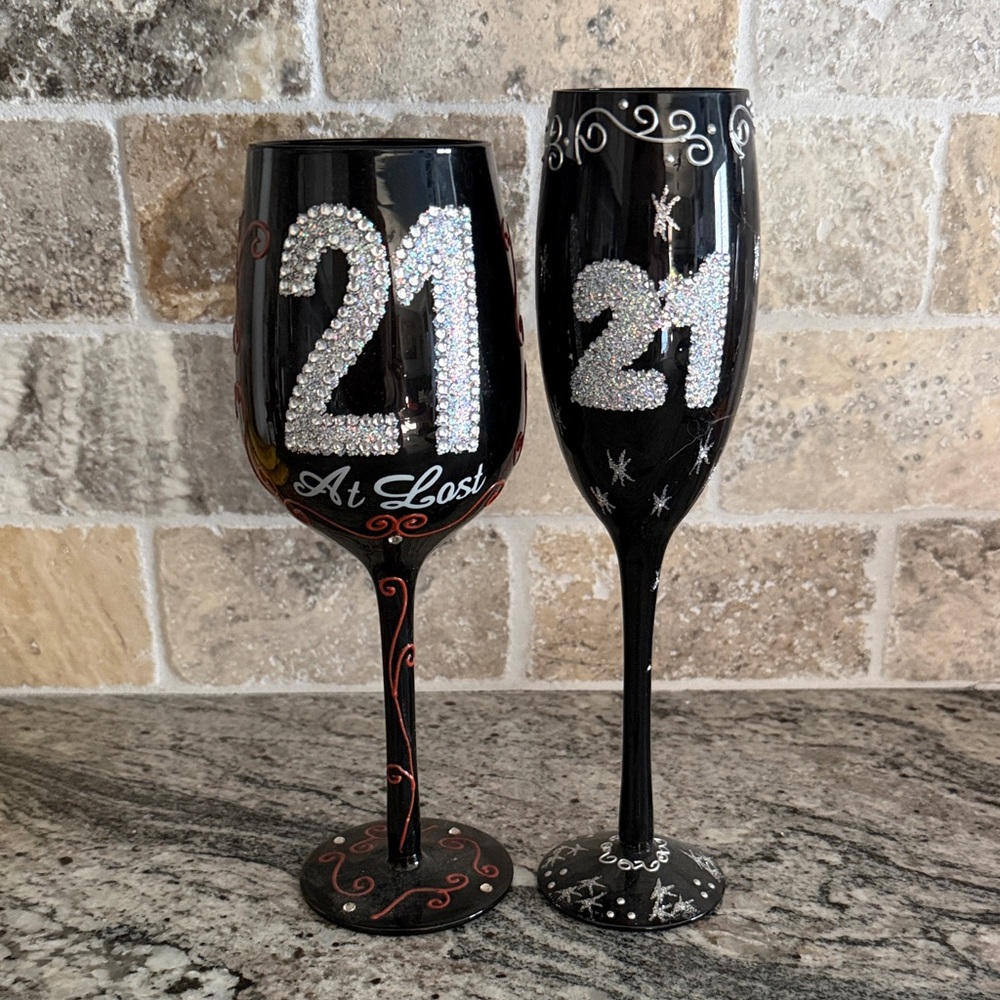 Black 21st Birthday Wine and Champagne Glass Set